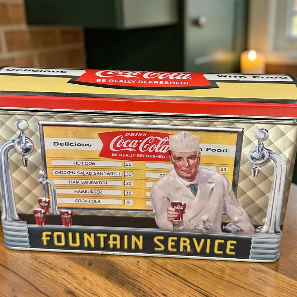 Vintage Coca-Cola Tin Box Fountain Service – Retro Coke Advertising Tin with Lid